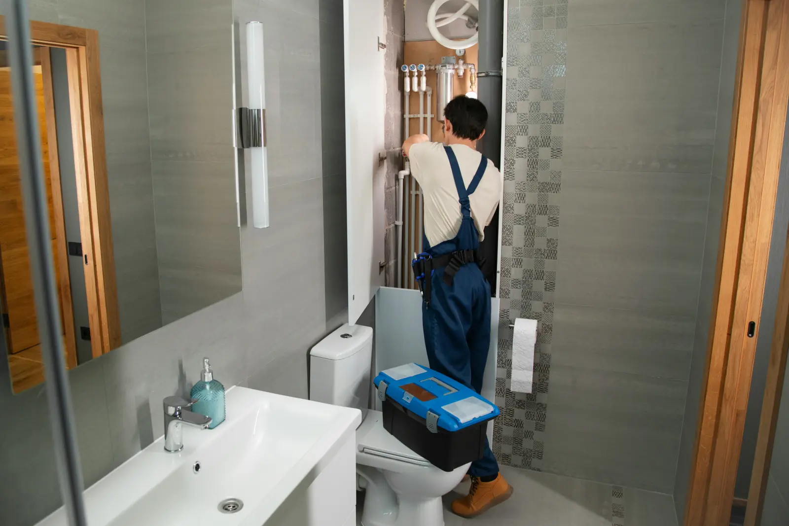 Plumber from our team working on bathroom pipework in a Dubai home
